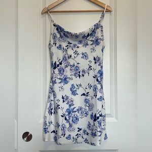 Urban Outfitters / UO Mallory Cowl Neck Satin Slip Dress / Blue and White Floral